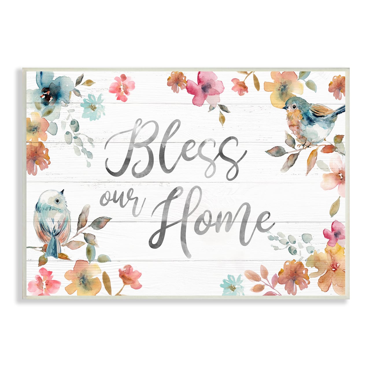 Stupell Industries Bless Our Home Greeting Watercolor Birds Blooming Flowers Wall Plaque